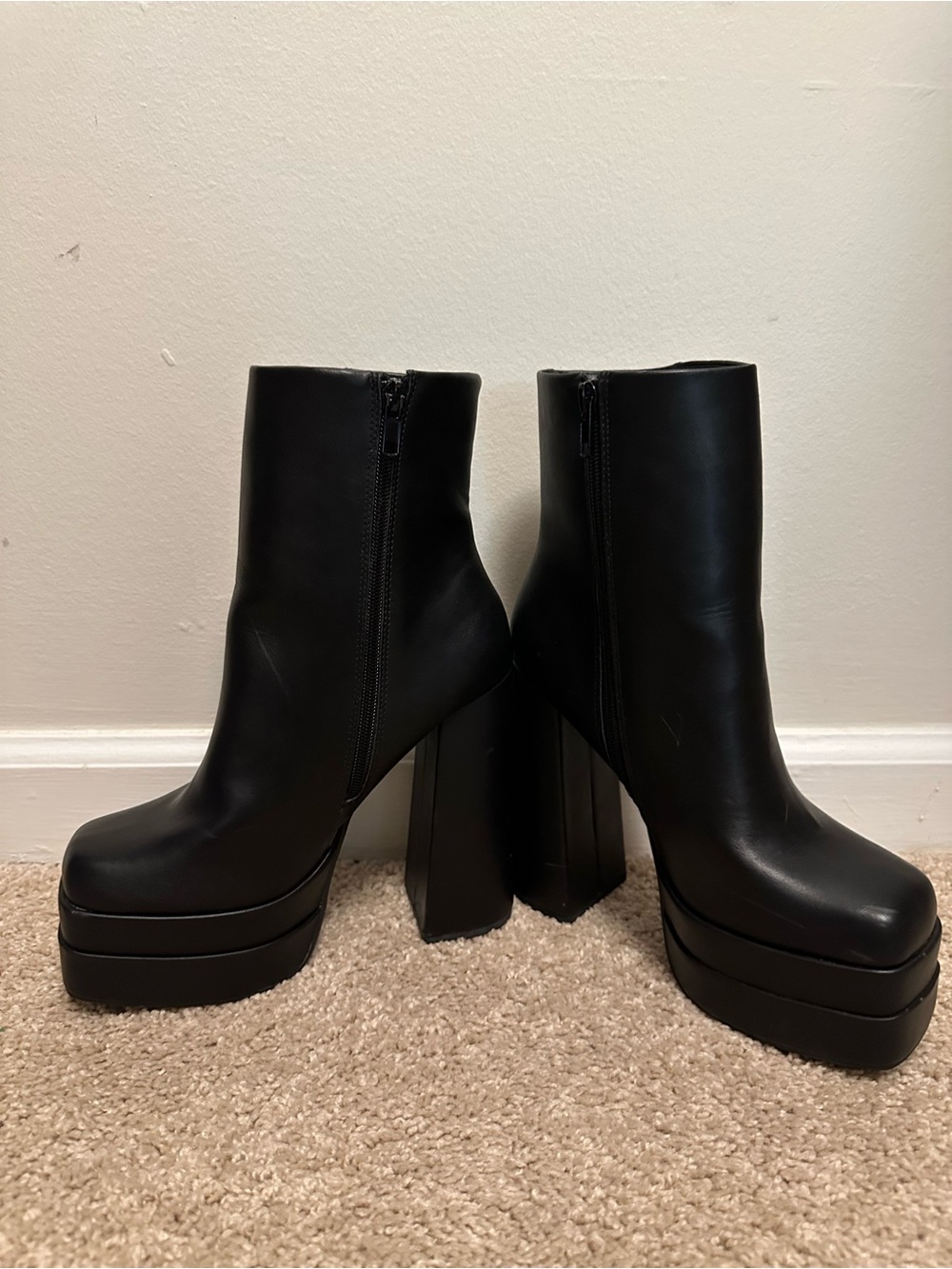 Platform Block Heel Ankle Boots - Black